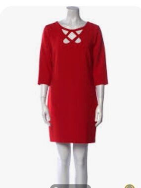 Diane Von Furstenberg Red, Long-Sleeve Shift Dress with Lattice Neckline